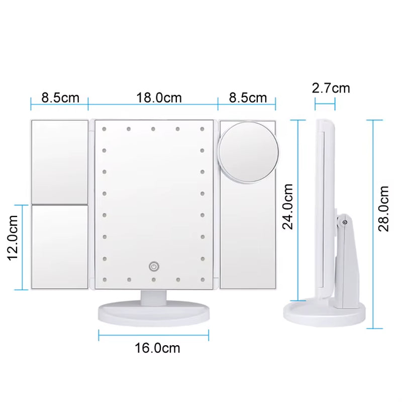 2024 Customized 180 Degree Three-Sides Desktop LED Makeup Mirror Trifold with 1X 2X 3X10Xmagnifying Station Three Side Mirror