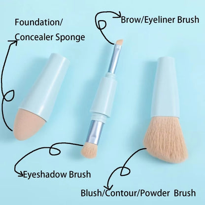 1Set Multitasker 4-In-1 Makeup Brushes Portable Travel Face Highlight Eye Shadow Powder Blusher Brush Detachable Beauty Tools