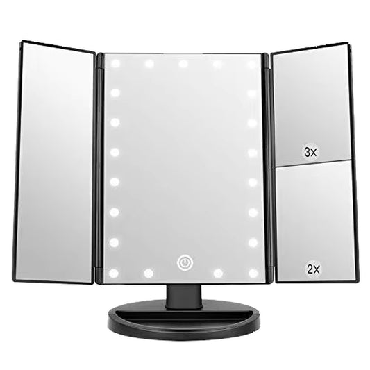 2024 Customized 180 Degree Three-Sides Desktop LED Makeup Mirror Trifold with 1X 2X 3X10Xmagnifying Station Three Side Mirror